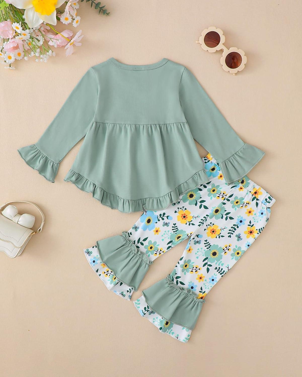 imageKucnuzki Toddler Baby Girl Clothes Long Sleeve Shirt Ruffle Soft Tops Bell Bottom Long Pants Fall Winter 2 Piece OutfitsLight Green