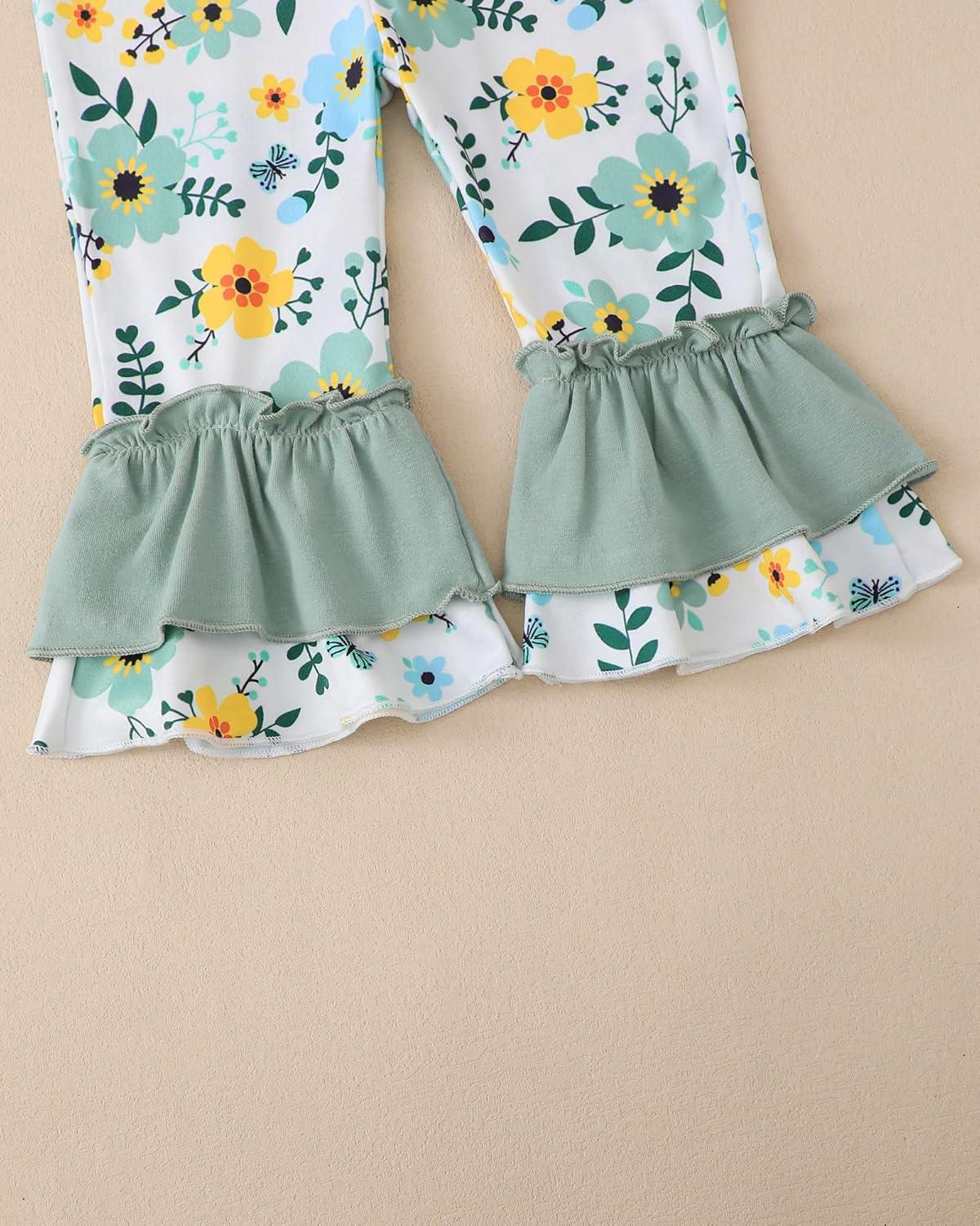 imageKucnuzki Toddler Baby Girl Clothes Long Sleeve Shirt Ruffle Soft Tops Bell Bottom Long Pants Fall Winter 2 Piece OutfitsLight Green