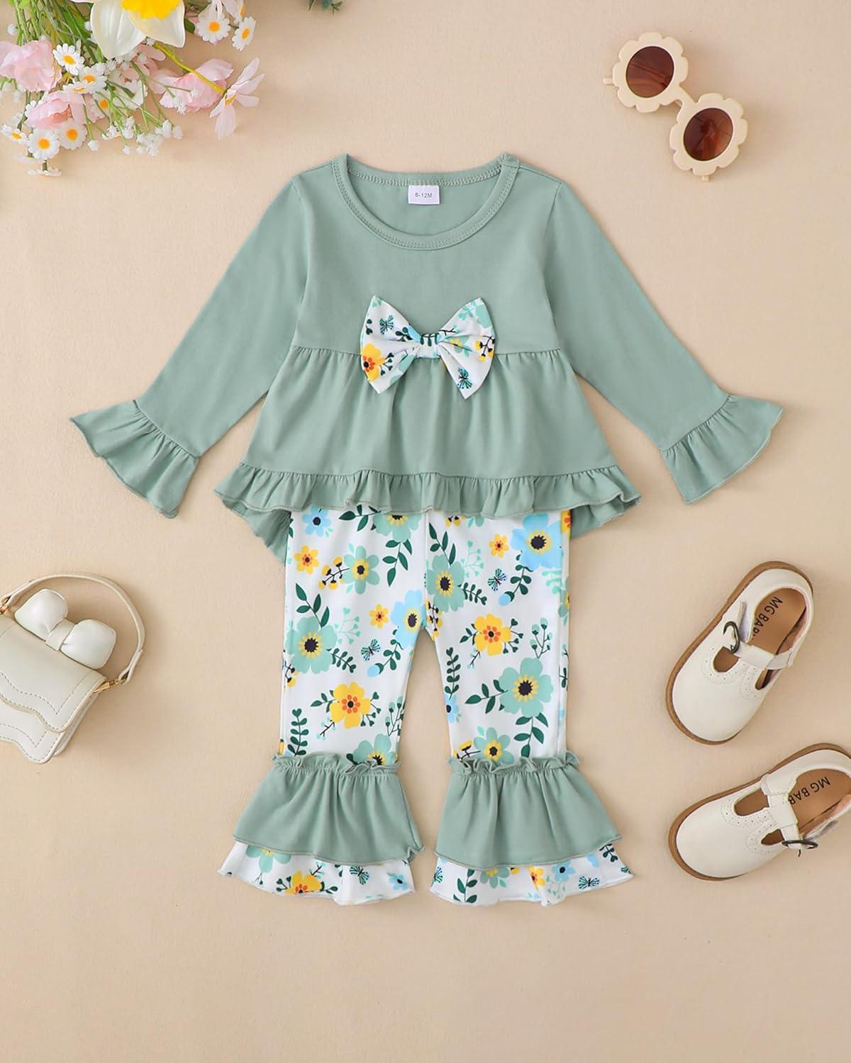 imageKucnuzki Toddler Baby Girl Clothes Long Sleeve Shirt Ruffle Soft Tops Bell Bottom Long Pants Fall Winter 2 Piece OutfitsLight Green