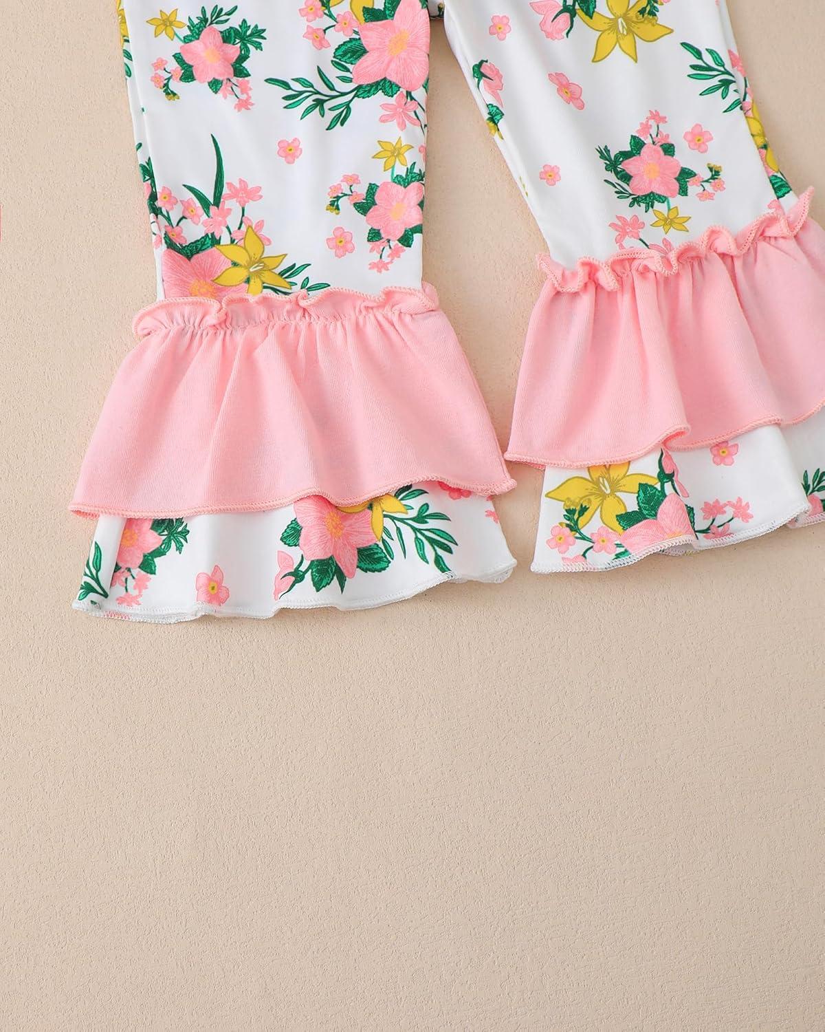 imageKucnuzki Toddler Baby Girl Clothes Long Sleeve Shirt Ruffle Soft Tops Bell Bottom Long Pants Fall Winter 2 Piece OutfitsPink