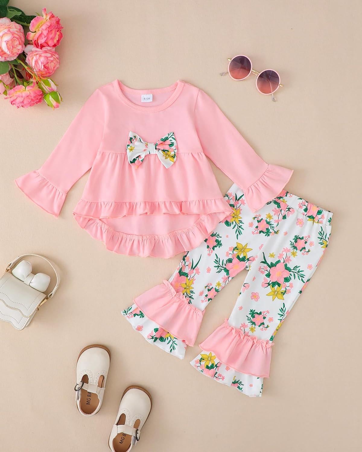 imageKucnuzki Toddler Baby Girl Clothes Long Sleeve Shirt Ruffle Soft Tops Bell Bottom Long Pants Fall Winter 2 Piece OutfitsPink