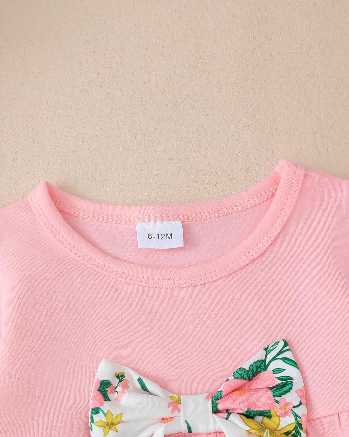 imageKucnuzki Toddler Baby Girl Clothes Long Sleeve Shirt Ruffle Soft Tops Bell Bottom Long Pants Fall Winter 2 Piece OutfitsPink