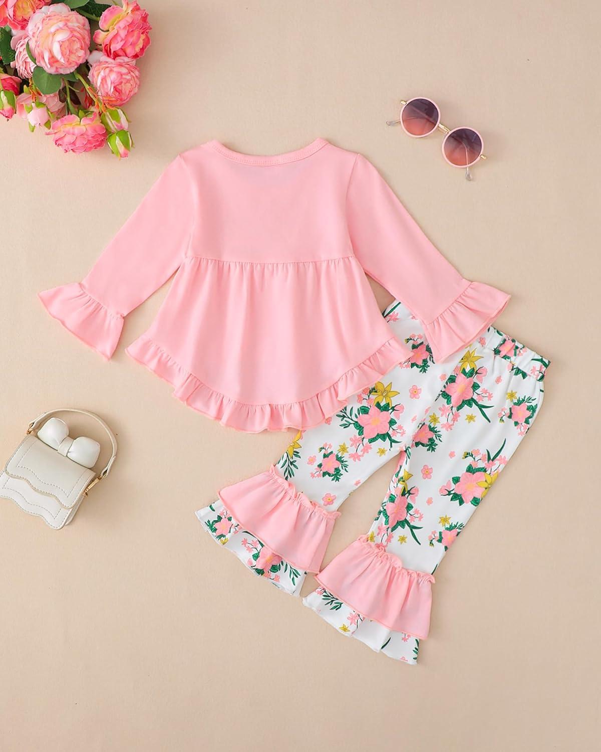 imageKucnuzki Toddler Baby Girl Clothes Long Sleeve Shirt Ruffle Soft Tops Bell Bottom Long Pants Fall Winter 2 Piece OutfitsPink