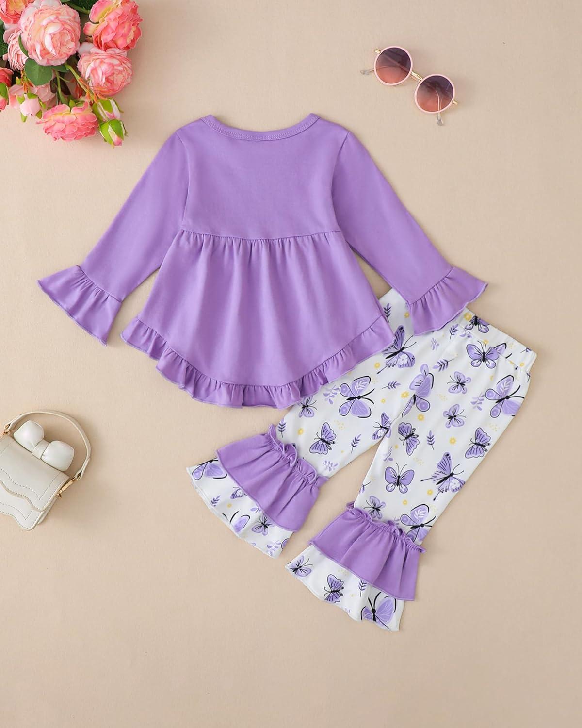 imageKucnuzki Toddler Baby Girl Clothes Long Sleeve Shirt Ruffle Soft Tops Bell Bottom Long Pants Fall Winter 2 Piece OutfitsPurple