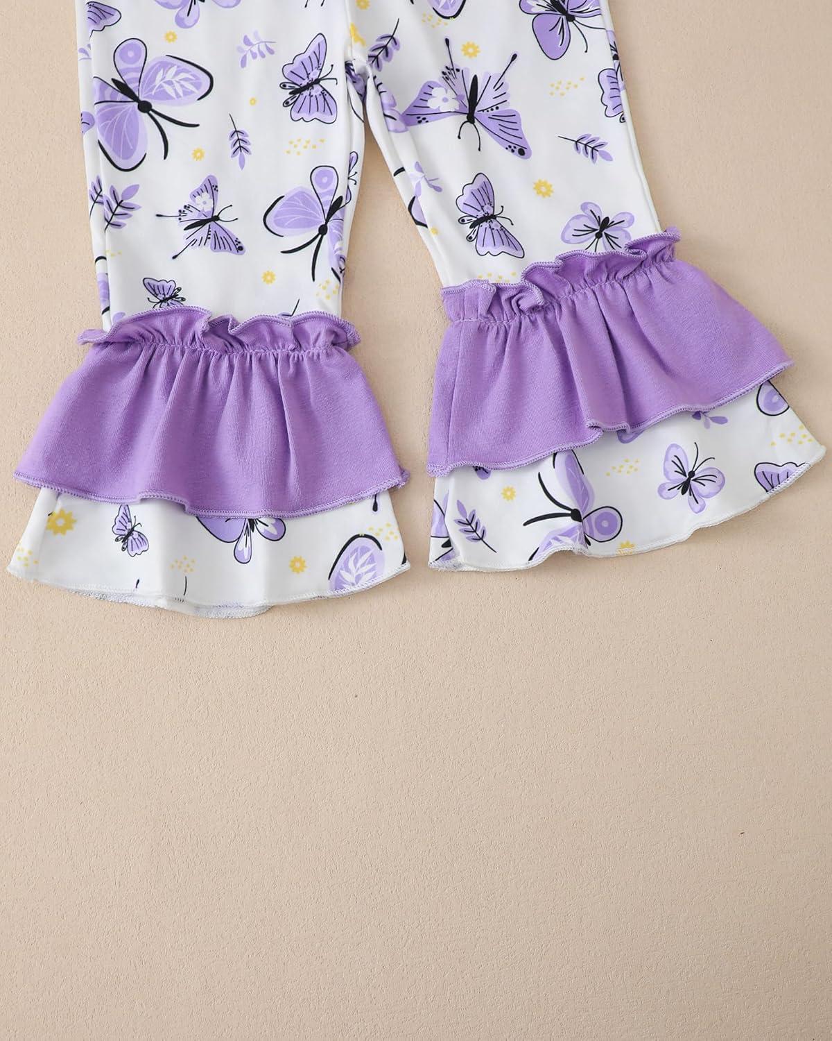 imageKucnuzki Toddler Baby Girl Clothes Long Sleeve Shirt Ruffle Soft Tops Bell Bottom Long Pants Fall Winter 2 Piece OutfitsPurple