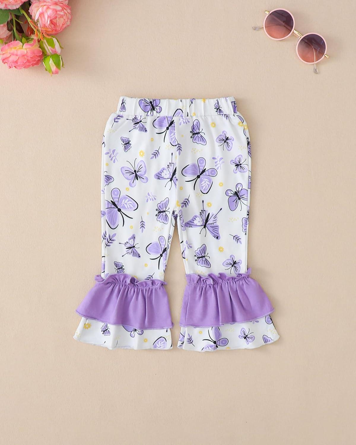 imageKucnuzki Toddler Baby Girl Clothes Long Sleeve Shirt Ruffle Soft Tops Bell Bottom Long Pants Fall Winter 2 Piece OutfitsPurple