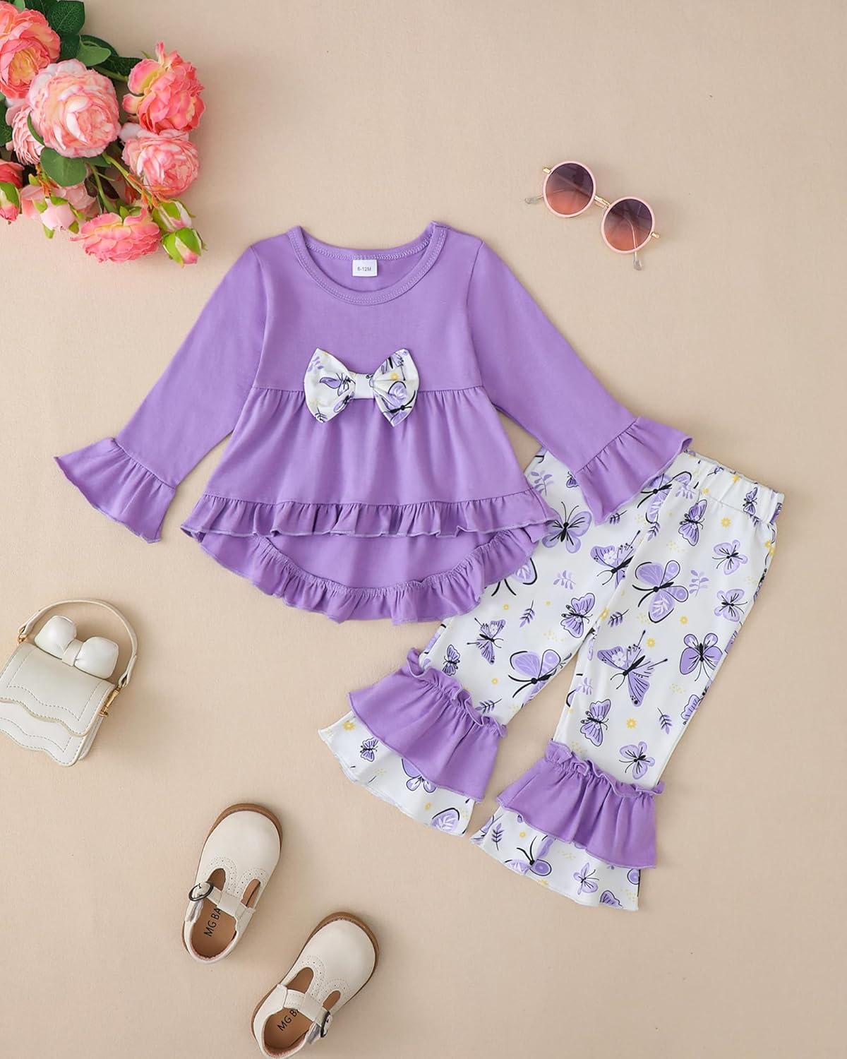imageKucnuzki Toddler Baby Girl Clothes Long Sleeve Shirt Ruffle Soft Tops Bell Bottom Long Pants Fall Winter 2 Piece OutfitsPurple