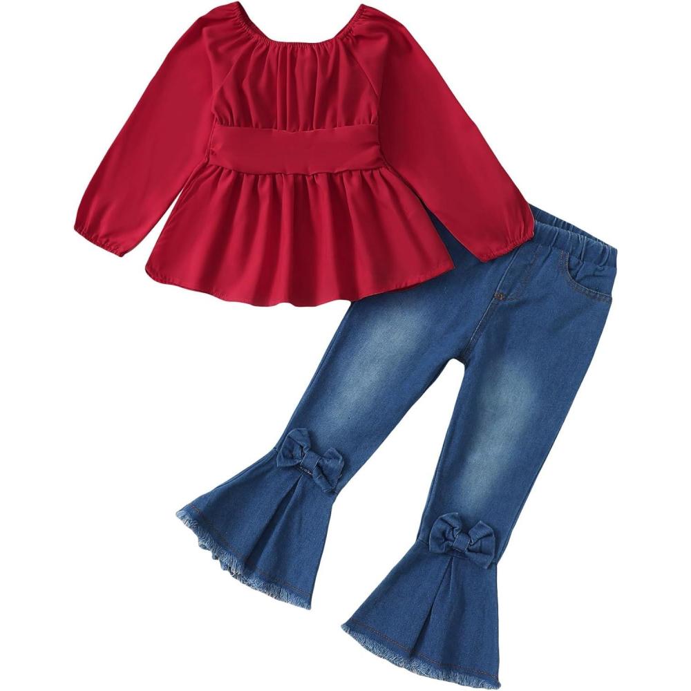imageKucnuzki Todder Baby Girl Clothes Long Sleeve Shirts Top Denim Bell Bottom Jeans 2 Piece Fall Winter Girl Outfits SetRed