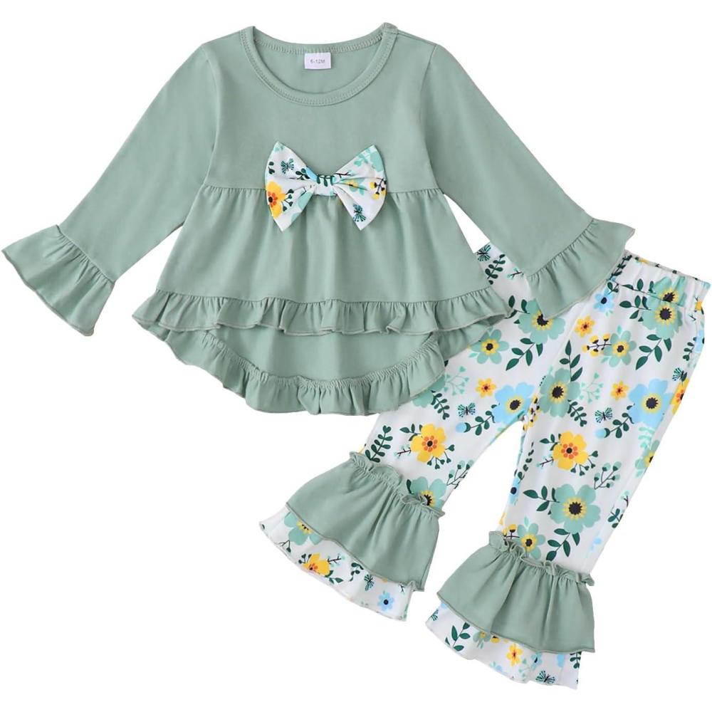 imageKucnuzki Toddler Baby Girl Clothes Long Sleeve Shirt Ruffle Soft Tops Bell Bottom Long Pants Fall Winter 2 Piece OutfitsLight Green