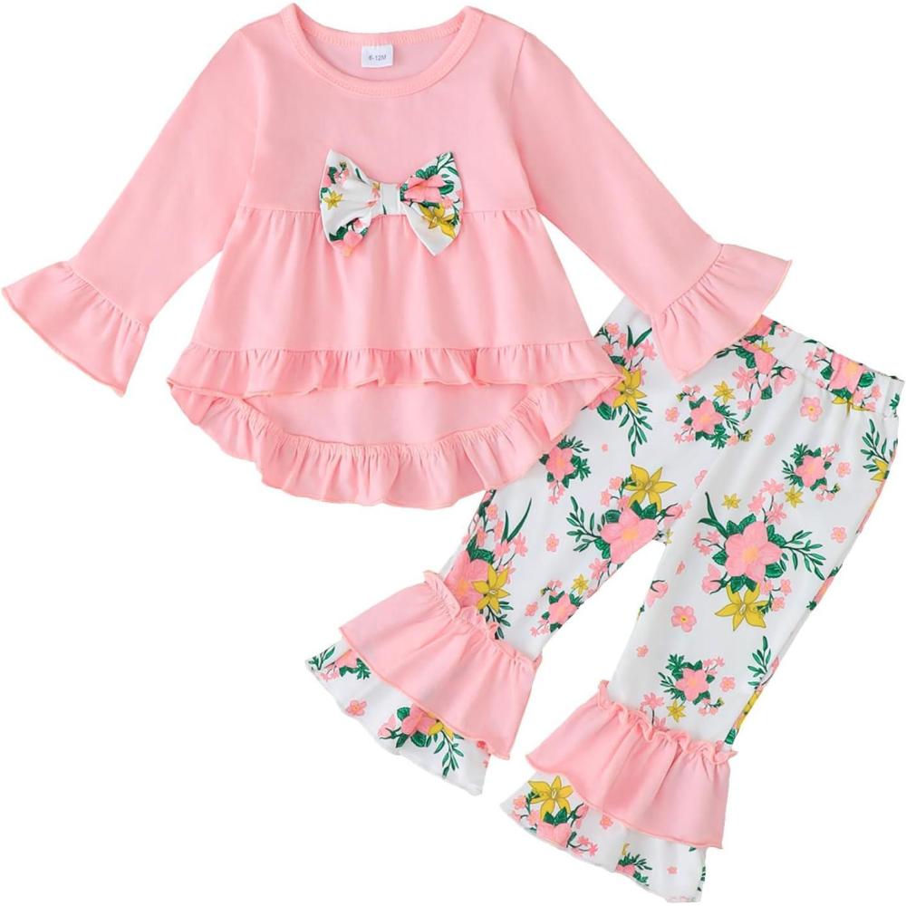 imageKucnuzki Toddler Baby Girl Clothes Long Sleeve Shirt Ruffle Soft Tops Bell Bottom Long Pants Fall Winter 2 Piece OutfitsPink