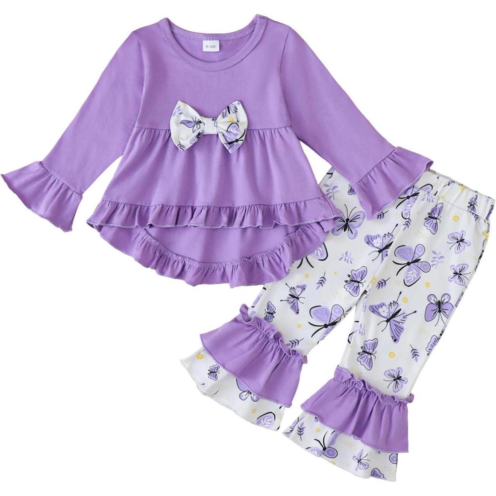 imageKucnuzki Toddler Baby Girl Clothes Long Sleeve Shirt Ruffle Soft Tops Bell Bottom Long Pants Fall Winter 2 Piece OutfitsPurple