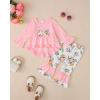 imageKucnuzki Toddler Baby Girl Clothes Long Sleeve Shirt Ruffle Soft Tops Bell Bottom Long Pants Fall Winter 2 Piece OutfitsPink