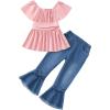 imageKucnuzki Todder Baby Girl Clothes Long Sleeve Shirts Top Denim Bell Bottom Jeans 2 Piece Fall Winter Girl Outfits SetShort Pink