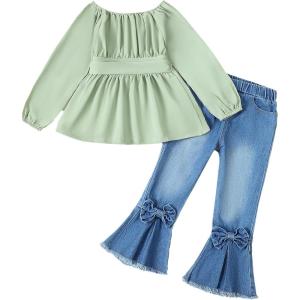 imageKucnuzki Todder Baby Girl Clothes Long Sleeve Shirts Top Denim Bell Bottom Jeans 2 Piece Fall Winter Girl Outfits SetLight Green