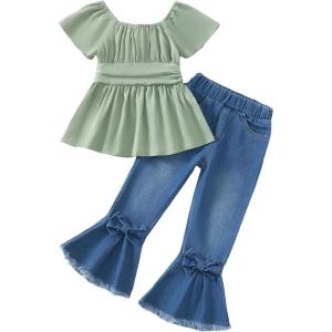 imageKucnuzki Todder Baby Girl Clothes Long Sleeve Shirts Top Denim Bell Bottom Jeans 2 Piece Fall Winter Girl Outfits SetShort Green