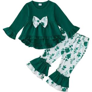 imageKucnuzki Toddler Baby Girl Clothes Long Sleeve Shirt Ruffle Soft Tops Bell Bottom Long Pants Fall Winter 2 Piece OutfitsDark Green