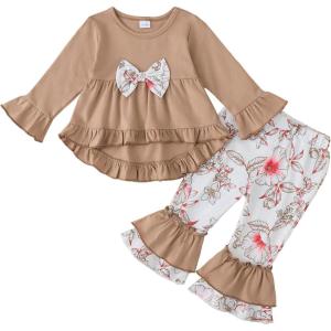 imageKucnuzki Toddler Baby Girl Clothes Long Sleeve Shirt Ruffle Soft Tops Bell Bottom Long Pants Fall Winter 2 Piece OutfitsLight Brown