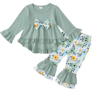 imageKucnuzki Toddler Baby Girl Clothes Long Sleeve Shirt Ruffle Soft Tops Bell Bottom Long Pants Fall Winter 2 Piece OutfitsLight Green