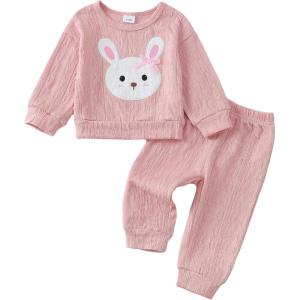 imageKucnuzki Baby Toddler Girl Clothes Long Sleeve Crewneck Sweatshirt Tops Sweatpant Sweatsuit Baby Girl Fall Winter OutfitPink Rabbit