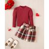 image:imageKucnuzki Toddler Baby Girl Fall Winter Clothes Long Sleeve Ribbed Shirt Top Corduroy Mini Skirt Plaid Aline Dress OutfitDark Red