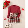 image:imageKucnuzki Toddler Baby Girl Fall Winter Clothes Long Sleeve Ribbed Shirt Top Corduroy Mini Skirt Plaid Aline Dress OutfitDark Red