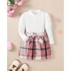 image:imageKucnuzki Toddler Baby Girl Fall Winter Clothes Long Sleeve Ribbed Shirt Top Corduroy Mini Skirt Plaid Aline Dress OutfitWhite