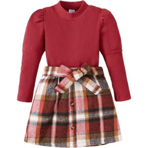 image:imageKucnuzki Toddler Baby Girl Fall Winter Clothes Long Sleeve Ribbed Shirt Top Corduroy Mini Skirt Plaid Aline Dress OutfitDark Red