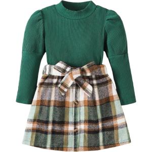 image:imageKucnuzki Toddler Baby Girl Fall Winter Clothes Long Sleeve Ribbed Shirt Top Corduroy Mini Skirt Plaid Aline Dress OutfitGreen