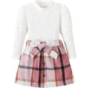 image:imageKucnuzki Toddler Baby Girl Fall Winter Clothes Long Sleeve Ribbed Shirt Top Corduroy Mini Skirt Plaid Aline Dress OutfitWhite