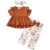 image:imageKucnuzki Toddler Baby Girl Clothes Short Sleeve Ruffle Shirt Floral Pant Set 2 Piece Outfits For Girls Cute Clothing SetBrownsl