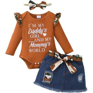 image:imageKucnuzki Newborn Baby Girl Clothes Toddler Long Sleeve Ruffle Romper Top Infant Skirt Set Little Girl Overall DressBrown Short Denim