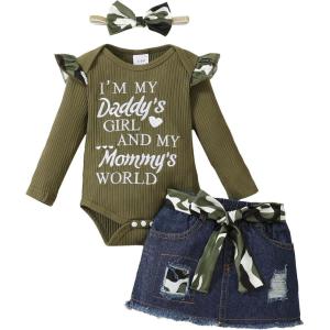 image:imageKucnuzki Newborn Baby Girl Clothes Toddler Long Sleeve Ruffle Romper Top Infant Skirt Set Little Girl Overall DressGreen Short Denim
