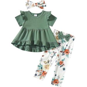 image:imageKucnuzki Toddler Baby Girl Clothes Short Sleeve Ruffle Shirt Floral Pant Set 2 Piece Outfits For Girls Cute Clothing SetDark Greensl