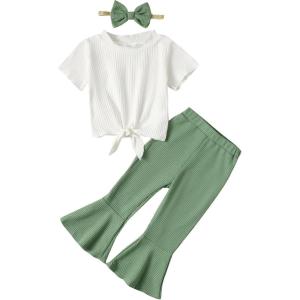 image:imageKucnuzki Toddler Baby Girl Clothes Short Sleeve Ruffle Shirt Floral Pant Set 2 Piece Outfits For Girls Cute Clothing SetGreen Whitesl