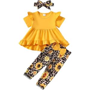 image:imageKucnuzki Toddler Baby Girl Clothes Short Sleeve Ruffle Shirt Floral Pant Set 2 Piece Outfits For Girls Cute Clothing SetYellow Sunflowersl