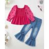 image:imageKucnuzki Toddler Kids Girl Clothes Long Sleeve Shirt Tops Baggy Jeans Cute Pants Set Baby Girl Outfit 2 Piece ClothingRed Heart