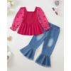 image:imageKucnuzki Toddler Kids Girl Clothes Long Sleeve Shirt Tops Baggy Jeans Cute Pants Set Baby Girl Outfit 2 Piece ClothingRed Heart