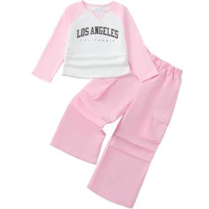 image:imageKucnuzki Toddler Kids Girl Clothes Long Sleeve Shirt Tops Baggy Jeans Cute Pants Set Baby Girl Outfit 2 Piece ClothingPink Cargo