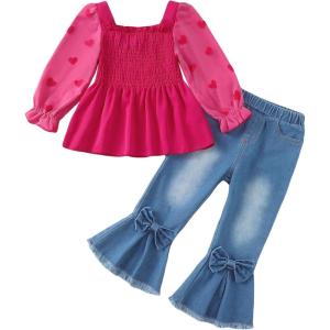 image:imageKucnuzki Toddler Kids Girl Clothes Long Sleeve Shirt Tops Baggy Jeans Cute Pants Set Baby Girl Outfit 2 Piece ClothingRed Heart