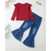 image:imageKucnuzki Toddler Girl Clothes Cute Kids Clothes Long Sleeve Shirts Top Bell Bottom Denim Jeans Pants 2 Piece Matching OutfitsWine