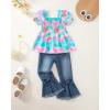 image:imageKucnuzki Toddler Kids Girls Clothes Short Sleeve Shirt Top Flare Denim Jeans 2 Piece Outfits For Girls Cute Clothing SetTie Dye