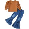 image:imageKucnuzki Toddler Girl Clothes Cute Kids Clothes Long Sleeve Shirts Top Bell Bottom Denim Jeans Pants 2 Piece Matching OutfitsDark Brown
