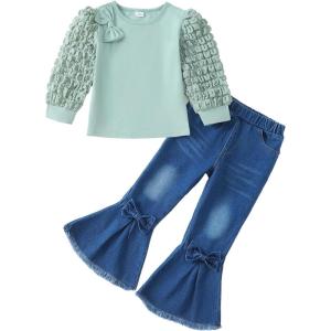 image:imageKucnuzki Toddler Girl Clothes Cute Kids Clothes Long Sleeve Shirts Top Bell Bottom Denim Jeans Pants 2 Piece Matching OutfitsPea Green