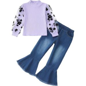 image:imageKucnuzki Toddler Girl Clothes Cute Kids Clothes Long Sleeve Shirts Top Bell Bottom Denim Jeans Pants 2 Piece Matching OutfitsPurple