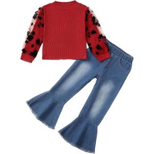image:imageKucnuzki Toddler Girl Clothes Cute Kids Clothes Long Sleeve Shirts Top Bell Bottom Denim Jeans Pants 2 Piece Matching OutfitsRed