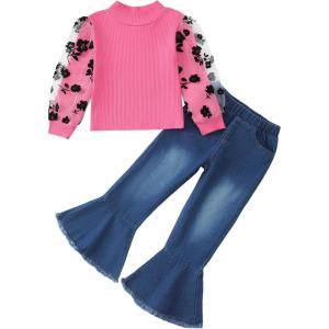 image:imageKucnuzki Toddler Girl Clothes Cute Kids Clothes Long Sleeve Shirts Top Bell Bottom Denim Jeans Pants 2 Piece Matching OutfitsRoselace