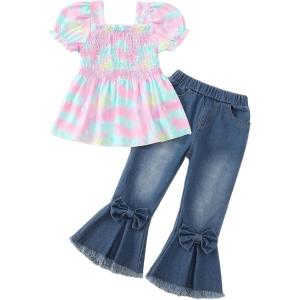 image:imageKucnuzki Toddler Kids Girls Clothes Short Sleeve Shirt Top Flare Denim Jeans 2 Piece Outfits For Girls Cute Clothing SetPink Tie Dye