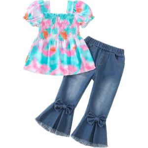 image:imageKucnuzki Toddler Kids Girls Clothes Short Sleeve Shirt Top Flare Denim Jeans 2 Piece Outfits For Girls Cute Clothing SetTie Dye