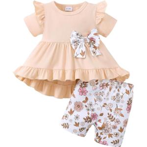 image:imageKucnuzki Baby Girl Clothes Toddler Girls Summer Outfits Kids Short Fly Sleeve Cute Ruffle Shirts Tops Floral Shorts SetApricot