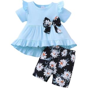 image:imageKucnuzki Baby Girl Clothes Toddler Girls Summer Outfits Kids Short Fly Sleeve Cute Ruffle Shirts Tops Floral Shorts SetBlue